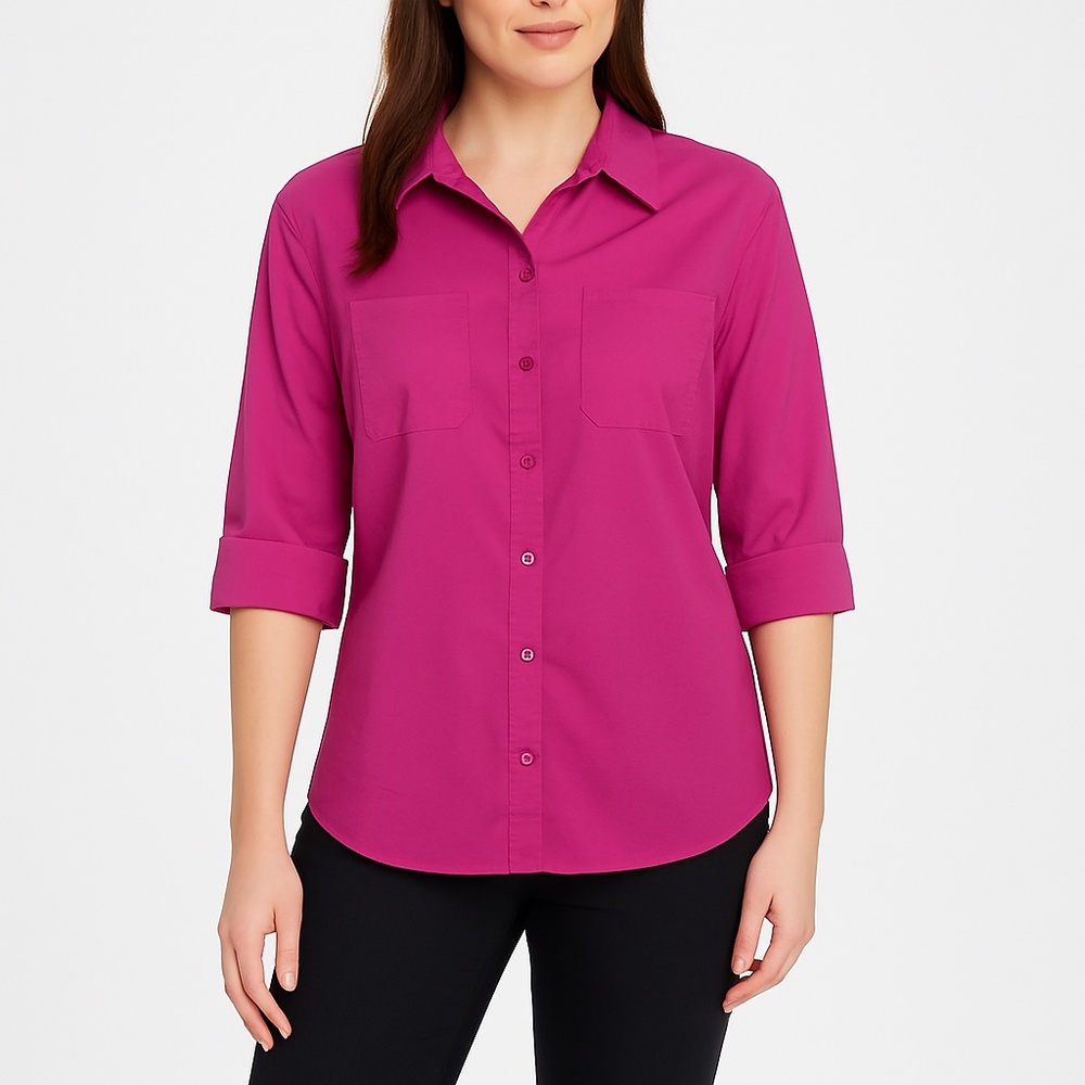Worthington Fuchsia Button Front Blouse 3/4 Sleeve Stretch Top Size M